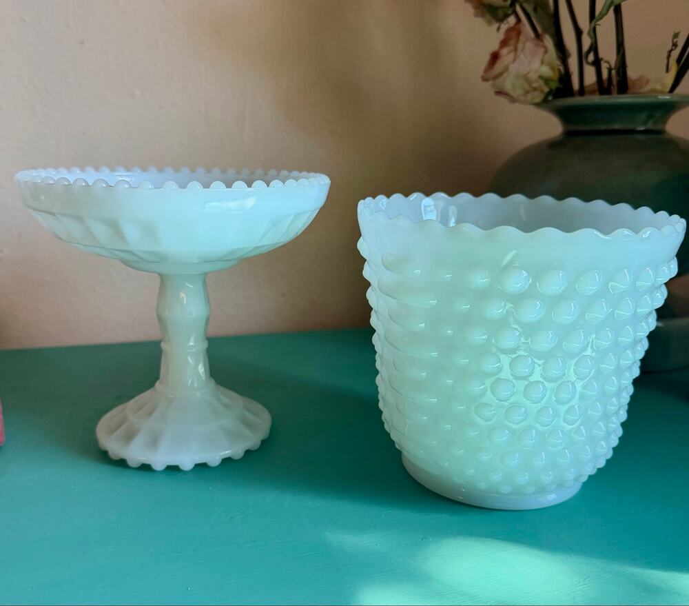 Vintage Milk Glass Set – Hobnail Vase & Pedestal Compote